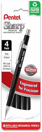 Pentel Sharp Mechanical Pencil, (0.5mm), Fine Line, Black Barrel, Pack of 4 (P205PF4A)