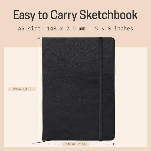 BROWNSTONE JOURNALS A5 Sketch Book Hardcover - 80 Sheets 100 GSM Paper | 5" x 8", Lay Flat, Vegan Leather Cover, Elastic Band, Back Pocket, Compact Art Drawing Book for Adults & Students