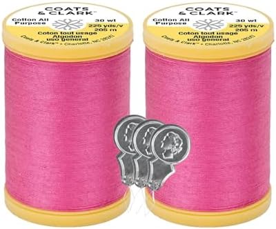 Coats & Clark Cotton All Purpose Sewing Thread 100% Mercerized Cotton 225 Yards Each Spool S970 2 Pack Bundle with 3 Bella's Crafts Needle Threaders (Hot Pink)