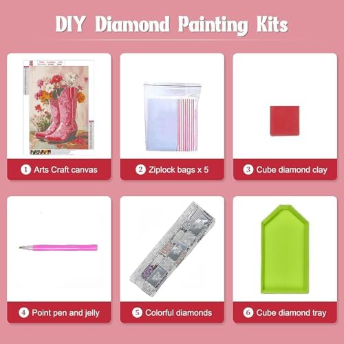GEWOUVIN Pink Boots Diamond Art Kits for Adults, Diamond Painting Kit for Beginners, Round 5D DIY Diamond Dots Art,Full Drill Painting Kit Art and Crafts for Adults Home Wall Decor【11.8x15.7inch】