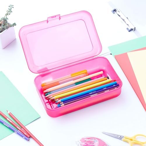 Amazon Basics 4-Pack Large Pencil Cases, Storage Organizer, Durable Plastic School Supply Box, Multi-Color Student Organization for Office, College & Classroom Supplies