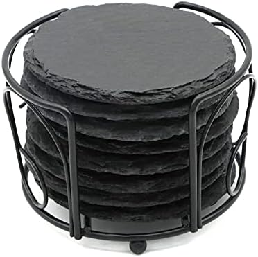 8 Pack 4 Inch Round Black Slate Coasters Set with Storage Holder