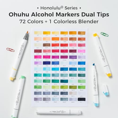 Ohuhu Alcohol Markers Brush& Chisel 72 Colors for Adult Coloring Refillable | AP Certified Art Marker Set, Dual Tips Alcohol-based for Artists Beginners Drawing Illustration Sketching, Honolulu 2