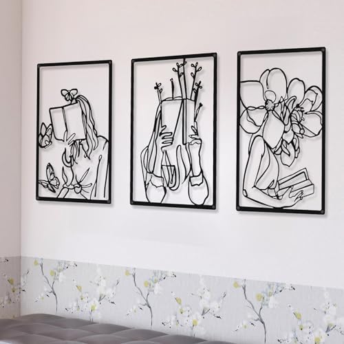 CHENGU 3 Pieces Metal Minimalist Abstract Woman Wall Art Line Drawing Wall Art Decor Single Line Female Home Hanging for Kitchen Bathroom Living Room