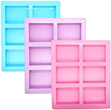 3 Pack Silicone Soap Molds 6 Cavity Rectangle for Craft Soap, Muffin, Loaf, Cornbread, Cake, Chocolate & Ice Cube Trays (Blue, Pink, Purple)