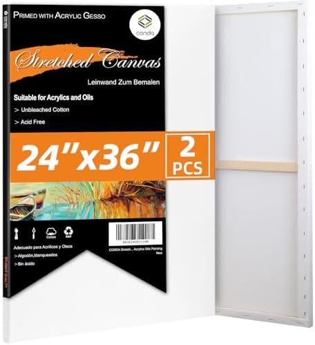 CONDA 24x36 inch Stretched Canvas for Painting, 2 Pack Primed Large Canvas, Primed Acid-Free Cotton 5/8 Inch Profile Value Bulk Pack for Acrylics, Oils Painting