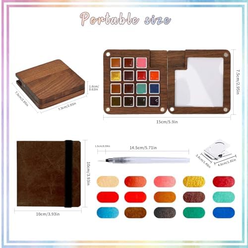 Travel Watercolor Paint Set - Pocket 15-Color Mini Art Kit with Sketch Pad