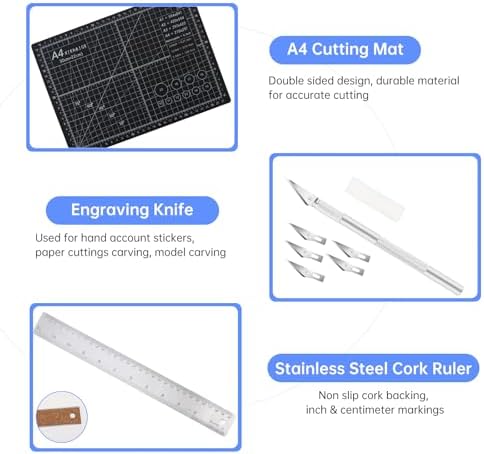 A4 Self Healing Cutting Mat & Carving Craft Knife with 5 Extra Blades and Stainless Steel Cork Ruler 12 inch / 30cm Dual Scale for DIY Art Work Cutting, Hobby, Stencil, Scrapbooking Stencil