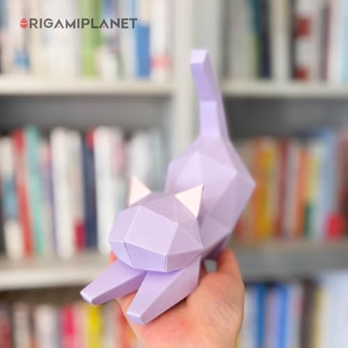 3D Origami Paper Craft Kit, Yoga Kitten Cute DIY Pre-Cut Animal Papercraft Model for Beginners, Fun Handmade Home Decoration Gift for Adults & Teens-Purple