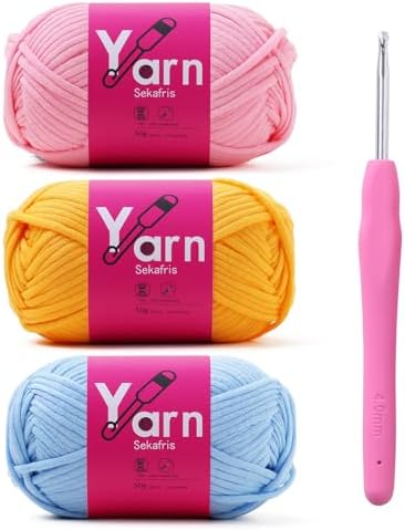 Crochet Yarn 150g/163.5yds Cotton - Chunky Yarn for Crocheting - Easy-to-See Stitches - Golden Yellow, Pink, Pale Blue