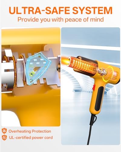 Heat Gun, 1600W Hot Air Gun with 2 Heat Settings, Yellow | 752°F/1112°F Dual Heat Control, 4 Metal Nozzles, Overheat Protection, PA66 Housing, 1.1lb Lightweight Design, Non-Slip Grip