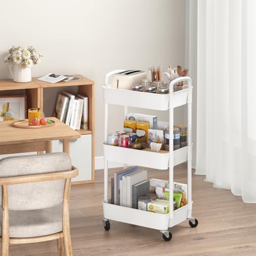 Sywhitta 3-Tier Plastic Rolling Utility Cart with Wheels for Storage,White