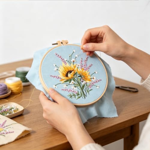 Silentsea Embroidery Kit – Sunny Sunflowers with Delicate Purple and White Floral Accents, Perfect for Beginners and Craft Lovers