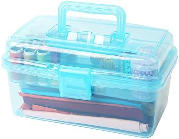 Multipurpose Plastic Art and Craft Supply Storage Container Bin Case with Removable Tray and Handle, First Aid Box Organizer, Clear&Blue