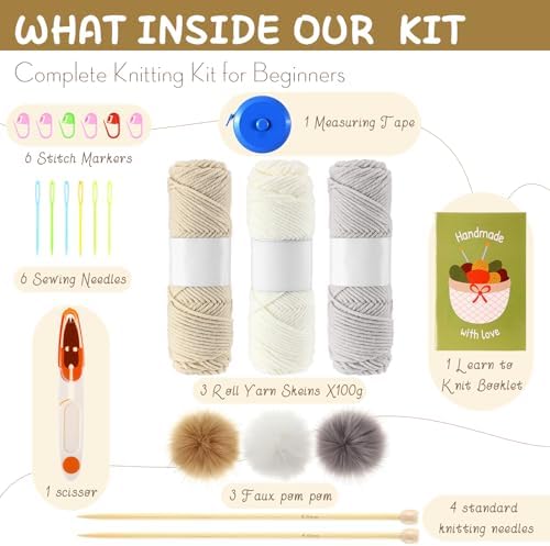 Syhood Hat Knit Set with Yarn Bamboo Needle Pom,White, Khaki White, Khaki