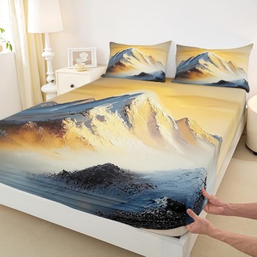 Natural Landscape Themed Bed Sheet Set King Size Golden Sunset White Snow Mountain Mattress Cover Artistic Sheets for Boys Girls Bedroom Golden with Flat,Fitted Sheet Pillowcase 4Pcs