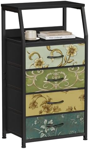 Furnulem Retro Small Dresser for Bedroom, Tall Nightstand with 4 Drawers