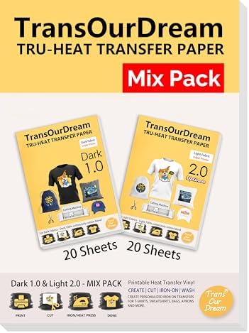TransOurDream Tru-Iron on Heat Transfer Paper for Dark and Light T Shirts (20+20 Sheets, 8.5x11", Mix Pack) Printable HTV Heat Transfers Vinyl for Inkjet Printers Iron on Transfers for Fabrics