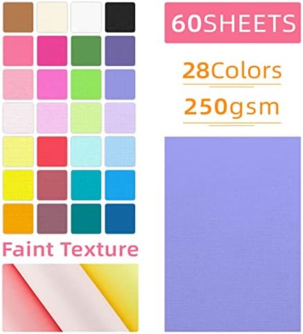 60 Sheets Textured Colorful Card Stock 28 Multicolor Cardstock 250 gsm Faint Texture, Single-Sided Printed Colored Paper for Card Making, Scrapbooking, Paper Craft
