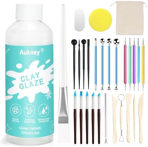 Aukney 100ML Air Dry Clay Varnish and 29pcs Tool Kit, High Gloss Air Dry Clay Glaze, Sealant, Prevent Clay from Cracking, and Scratch Resistant - Pottery Tools for Stippling, Shaping Clay Crafts
