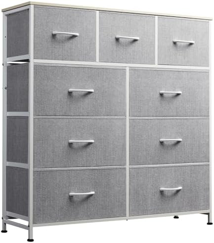 WLIVE Tall Dresser for Bedroom, 9 Drawer Chest of Drawers, Light Grey | 9 roomy fabric drawers, Tall storage design, Bedroom or closet use, Sturdy steel frame, Smooth wood tabletop