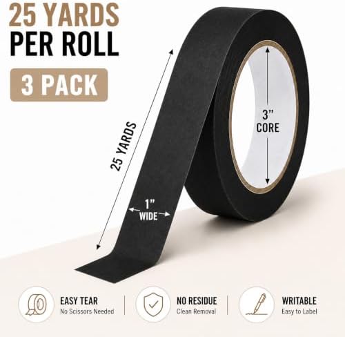 Black Painters Tape 1 Inch Wide, 25 Yards x 3 Rolls Masking Tape