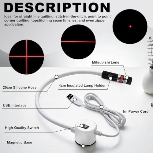 Magnetic Positioning Quilting Light for Sewing Machine, 3-in-1 Magnetic Seam Guide, Sewing Light Guide for Straight Stitching, Crosshairs and Dot Illumination Heads, Hands-Free Precision Sewing