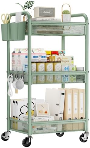 YASONIC 3 Tier Metal Rolling Cart, Green Utility Storage Cart with Wheels | Metal Mesh Craft Cart With Hooks & Hanging Cups, Ideal For Kitchen, Bathroom, Office, Dorm, Art Workspace, Bedside Storage