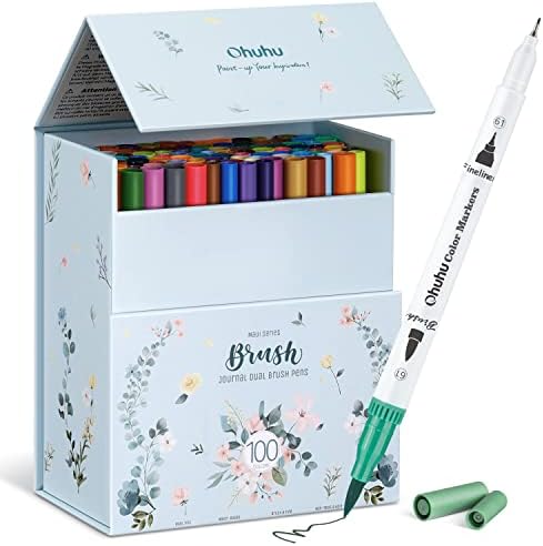 Ohuhu Adult Coloring Book Markers 100 Color Dual Tip Water-Based-Maui-White | No Bleed Coloring Markers Fineliner & Brush Drawing Pens Art Pens for Kids Adults Sketch Journal