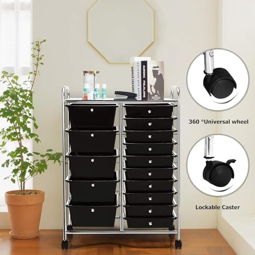 LDAILY 15 Drawer Rolling Storage Cart, Rolling Cart with Drawers for Classroom, Art Supply Craft Organizer on Wheel with Metal Frame & Handles for Home Office School