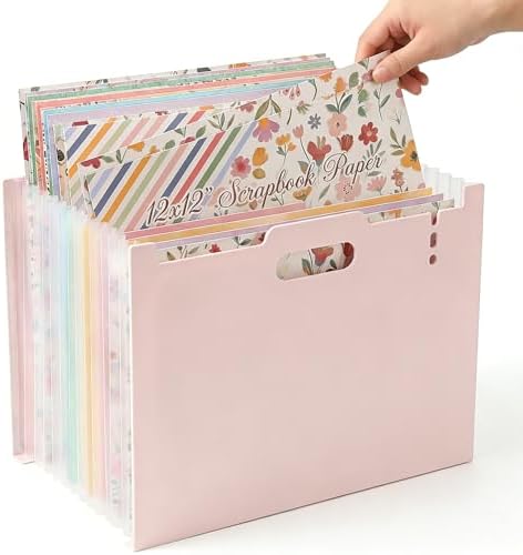 12x12 Scrapbook Paper Storage Organizer with 13 Expandable Pocket, Large Scrapbook Storage for Craft Room Organization, Sticker Storage, Desktop Paper Holder (Pink)