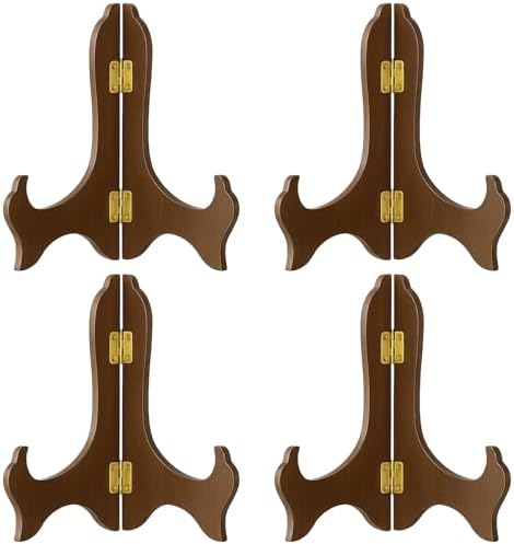 Tatuo 4 Packs 5 Inch Wooden Display Stand Decorative Plate Stands for Display Picture Frame Holder Easels(Brown)