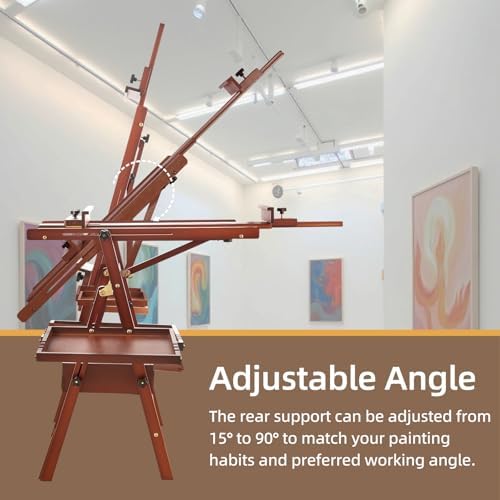 Horizontal Beechwood Studio Easel with Drawer and Palettes, Walnut | H-Frame Solid Wooden Painting Easel for Students, Beginners, and Artists, Hold Canvas to 50Inches High