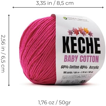Keche Baby Cotton, 60% Cotton 40% Acrylic Yarn, Soft Cotton Yarn for Crochet and Knitting, Amigurumi Yarn 1 Skein/Ball 1.76 Oz (50g) / 180 Yrds (165m) - Deep Pink
