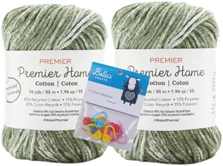 Premier Home Cotton Yarn 2-Pack Bundle with Bella's Crafts Stitch Markers (Moss Green Splash)