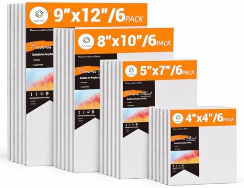 CONDA 24-Pack 𝗣𝗥𝗘𝗠𝗜𝗨𝗠 Canvas for Painting, 6 of 5x7, 6x6, 8x10, 9x12 Paint Canvas Boards, 100% Cotton Triple Primed Canvases Bulk, Art Supplies for Adults & Kids