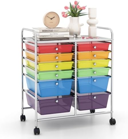 LDAILY 12 Drawer Rolling Storage Cart, Craft Cart Organizer on Wheels w/Metal Frame, Large Capacity & Smooth Drawer, Rolling Cart w/Drawers for Classroom, Office