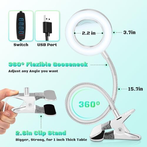 10X Magnifying Glass with Light and Stand,Hands Free Clip on Magnifier Lamp