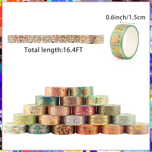 Washi Tape Set 20 Rolls Gold Foil Floral Decorative Tape Vintage Aesthetic Masking Tape for Arts Scrapbooking, Bullet Journaling, DIY Crafts, Planners, Gift Wrapping