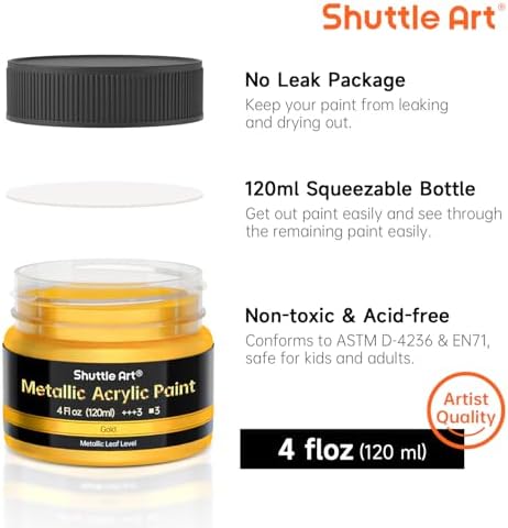 Shuttle Art Metallic Gold Acrylic Paint, 4 oz (120 ml) Gold Leaf Paint, Non Toxic, Non Fading Gold Paint for Crafts, Metal, Wood, Clay, Ceramic, Canvas, Furniture
