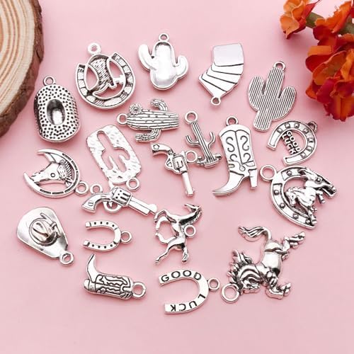 80pcs Western Cowboy Themed Charms Set - Zinc Alloy 3D Miniature Cowboy Hat, Horse, Boot Shoe Charms for DIY Jewelry Making, Keychain Crafts Accessory Tools -Durable, Versatile, and Perfect for Creative Projects (Antique Silver)