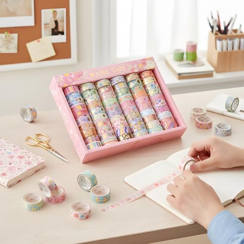 60 Rolls Washi Tape Set, 15 mm Gold Foil Cute Pattern Floral Decorative for Journaling Supplies