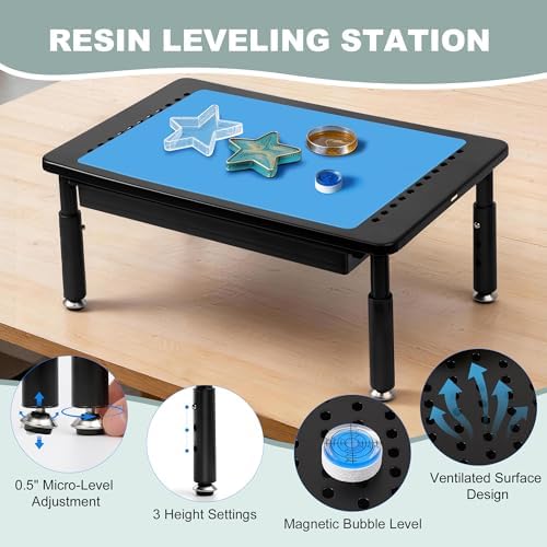 Resin Leveling Table for Epoxy, Resin Table 3 Height Settings 14.6''x 9.25'', Adjustable Leveling Magnetic Bubble Level Built-in Drawer Silicone Mat For Molds Waves Crafting Art