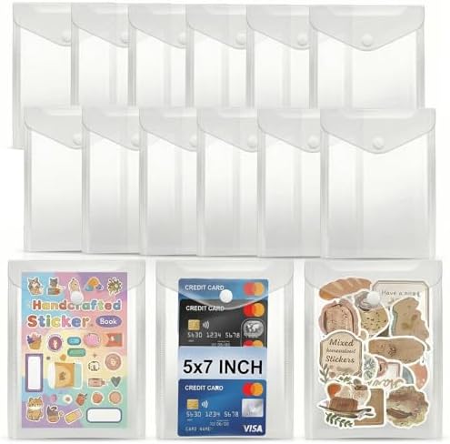 Sticker Organizer, Clear Plastic Envelopes with Snap, 12 Pack Waterproof and Durable for Sticker Storage, Scrapbook Storage, Washi Tape, Scrapbooking & Stamping Supplies (5 x 7 Inches)