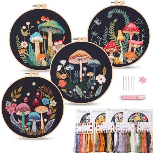 Harimau Adult Beginner Embroidery Starter Kit, Complete Set with 4 Patterns, 2 Hoops, Needles, Scissors, Instruction Guide & Stitching Video Tutorials