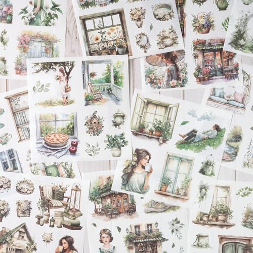 YagCu Garden Journal Stickers, 50 Sheets Washi Junk Journaling Sticker Book, Scrapbook Supplies, Watercolor Scrapbooking for Adults, Green Decorative Ephemera Arts Craft
