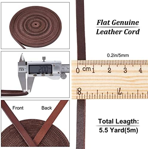 GORGECRAFT 5.5Yds 5mm Flat Genuine Leather Cord String 2mm Thick Natural Leather Craft Lace Strips Full Grain Cowhide Braiding Cord Roll for Jewelry Making DIY Braided Bracelets Keychains(Dark Brown)