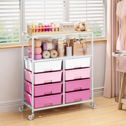 APEXCHASER Rolling Storage Cart with 8 Large Drawers, Wooden Tabletop