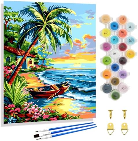 Yunnuo Landscape Paint by Numbers Kit for Adults Beginner,Beach Adult Paint by Numbers on Canvas with Acrylic Paint and 3 Brush,Cottage-Wooden Boat Painting by Numbers for Home Decor Gifts(20x16 inch)