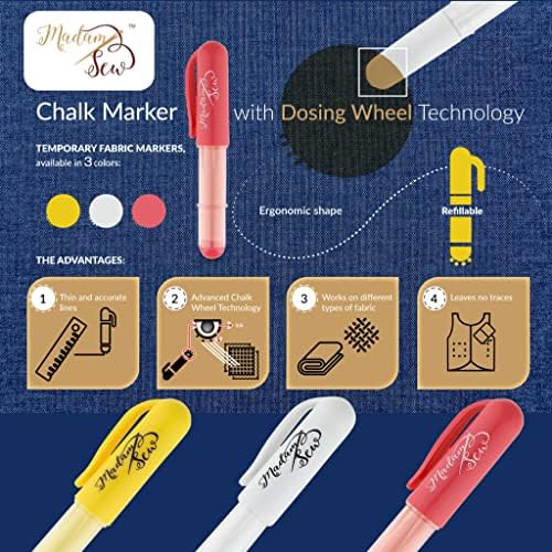 Madam Sew Refillable Tailors Chalk for Fabric - Washable Fabric Markers for Sewing and Quilting with Dosing Wheel, Tailor Chalk Pen for Precise Marking on Cotton, Knit, Suede [Red]